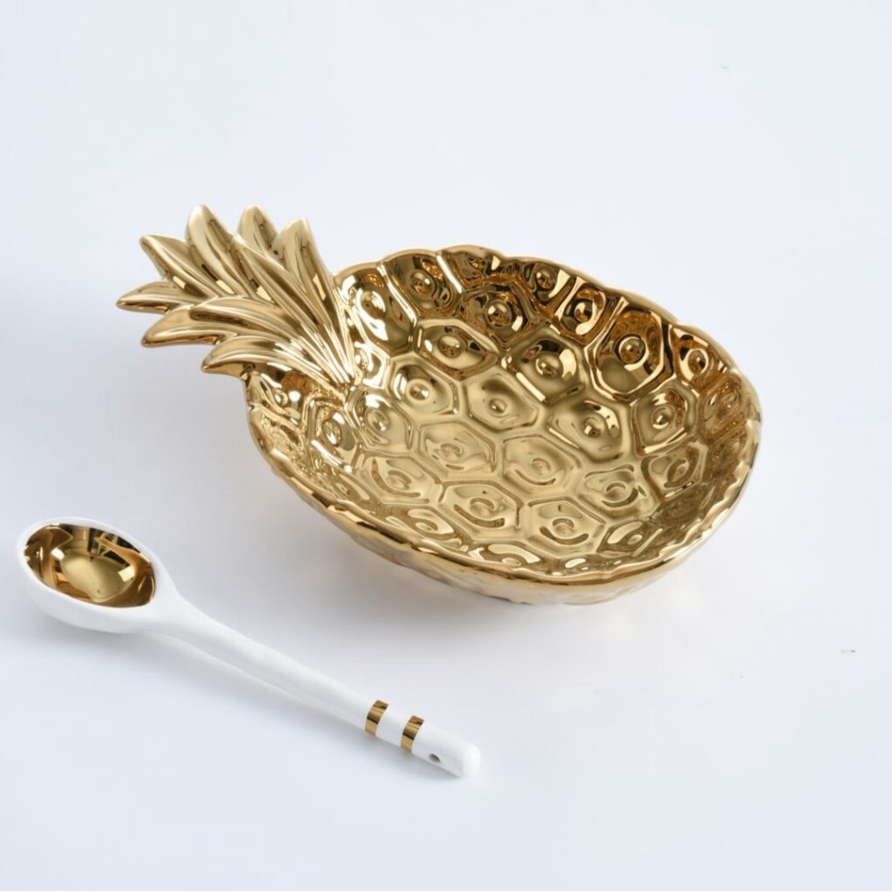 Porcelain Golden Pineapple Serving Bowl/spoon Set